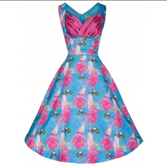 Lindy Bop hummingbird hibiscus floral print pin-up style dress 2X - Picture 2 of 11